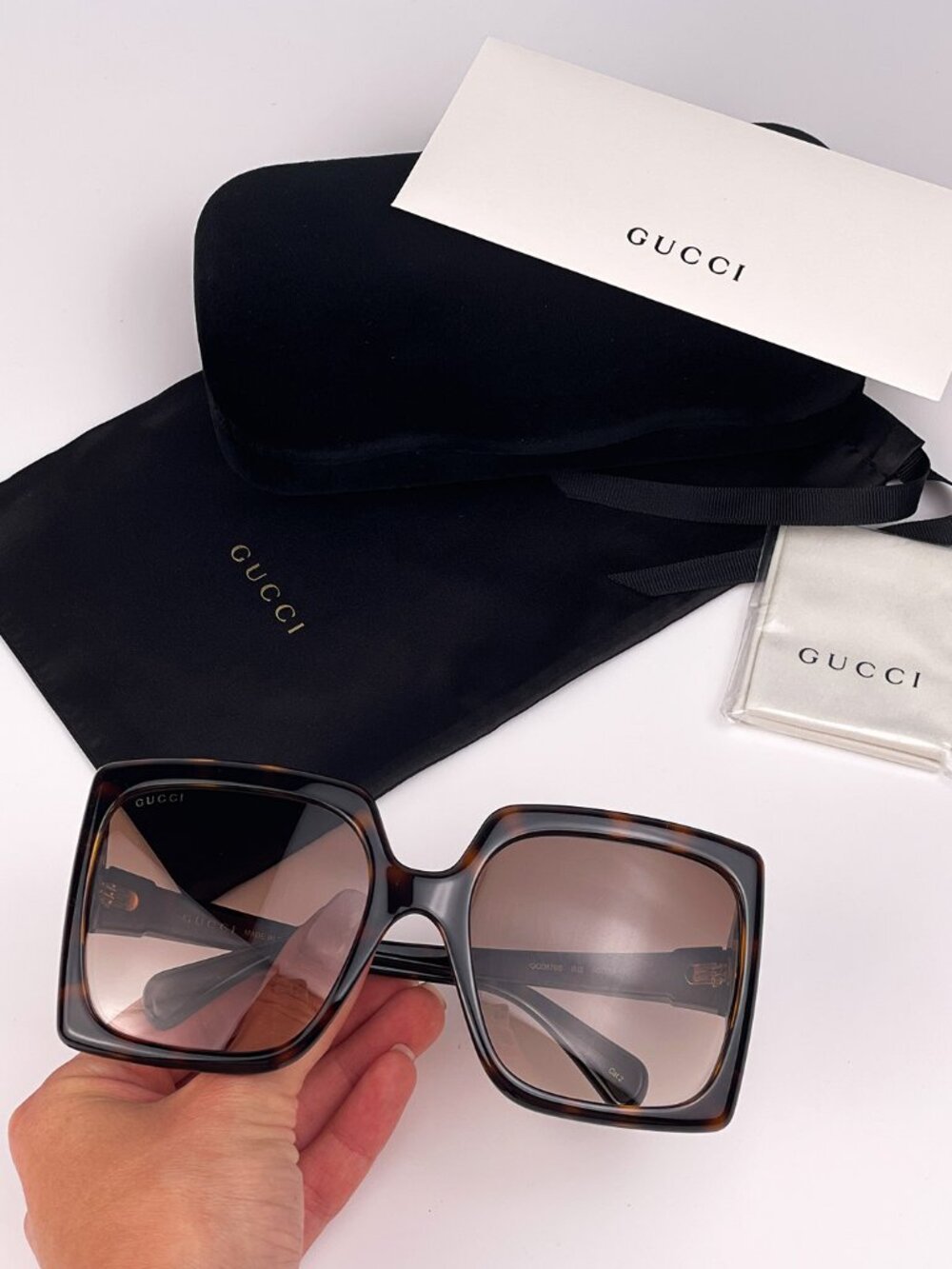 GUCCI GG0876S 002 HAVANA GOLD LOGO OVERSIZED RECTANGLE SUNGLASSES
